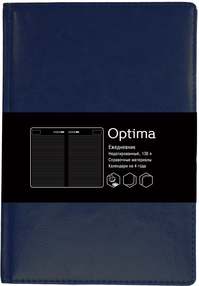 Канц-Эксмо Ежедневник Optima 136 листов формат А5 ЕКО51813607ЕКО51813607 Канц-Эксмо Ежедневник Optima 136 листов формат А5 ЕКО51813607ЕКО51813607Ежедневник А5. недатированный 136л. Иск. кожа с поролоном (Optima)., бумага 60г/м2, белая, скругленные углы, форзацы цветные, индивидуальная упаковка, Optima. Темно-синий (А5 недатированный 136л)