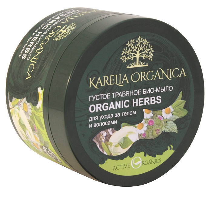 Karelia Organica Густое ТРАВяное био-мыло Organic HERBS, 500 г420701 Karelia Organica Густое ТРАВяное био-мыло Organic HERBS, 500 г420701Густое травяное био-мыло Organic Herbs изготовлено на основе органического сока карельской березы и целебных настоев диких карельских трав. Органический сок карельской березы имеет богатый состав и обладает высокой биологической активностью. Это богатейший спектр минералов, витаминов и микроэлементов, помогающий позволяющий вернуть силу и блеск волосам, а кожу тела сделать свежей и упругой. Дикие карельские травы ромашка, подорожник, лапчатка, репейник, крапива, череда и душица, выросшие в экологически чистых лесах Карелии и наполненные живой энергией природы, оказывают противовоспалительное, регенерирующее и тонизирующее действие, укрепляют волосы, улучшают их рост.