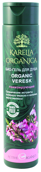Karelia Organica Био-Гель для душа Organic VERESK Тонизирующий, 310 мл420903 Karelia Organica Био-Гель для душа Organic VERESK Тонизирующий, 310 мл420903Био-гель для душа Organic Veresk с природным тонизирующим действием, мягко и бережно очищает кожу, придает силы и дарит энергию. Органические фито-экстракты полярного вереска и ангелики оказывают тонизирующее и противовоспалительное действие, увлажняют кожу, придавая особую мягкость и гладкость. Экстракт мелиссы питает и тонизирует кожу, обладает омолаживающим эффектом. Специально подобранные экстракты семи дикорастущих карельских трав обладают стимулирующим и тонизирующим действием, способствуют активизации обменных процессов. Комплекс трав (Ромашка аптечная, подорожник, крапива, липовый цвет, череда, лапчатка, душица) - успокаивает кожу, деликатно очищает, насыщает витаминами. Не содержит парабенов, минеральных масел, синтетических красителей
