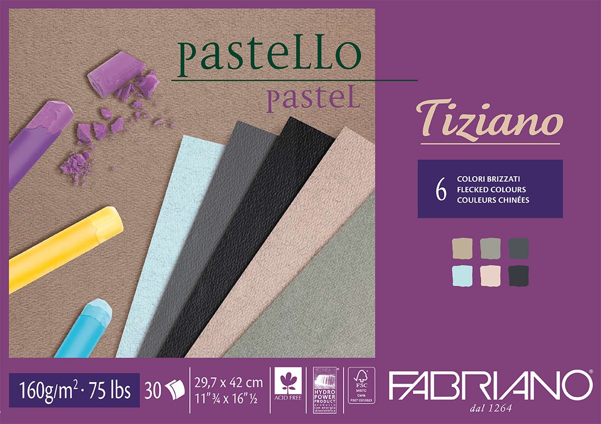Fabriano Альбом для пастели Tiziano 6 цветов 30 листов 4602974246029742 Fabriano Альбом для пастели Tiziano 6 цветов 30 листов 4602974246029742Бумага для пастели Tiziano одна из самых популярных в мире. Бумага может быть использована не только для сухих техник (пастель, уголь, сепия, сангина, карандаш, акварельные краски и гуашь), но и для дизайнерских работ (скручивание, резка, склеивание, создание карт и т.д.).Tiziano изготавливается из целлюлозы и хлопка (40%). В состав не входят кислоты, что обеспечивает высокую светостойкость готовой работы. Благодаря зернистой, чуть шероховатой фактуре обеспечивается сцепление материалов с поверхностью бумаги.