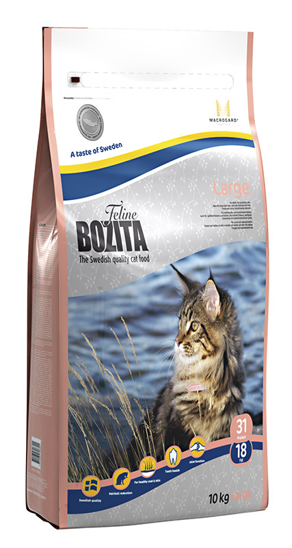 Корм сухой Bozita Feline Funktion Large, для кошек крупных пород, 10 кг53516 Корм сухой Bozita Feline Funktion Large, для кошек крупных пород, 10 кг53516Сухой корм Bozita Feline Funktion Large - полнорационное, сбалансированное сухое питание супер премиум класса для взрослых и растущих кошек. Размер крокетов сухого питания оптимален для зубов кошек крупных пород.Питание содержит мясо скандинавского лосося, которое обеспечивает оптимальный баланс Омега 3 и 6 жирных кислот. Повышенное содержание клетчатки в питании способствует естественному выведению шерстяных комочков из желудка кошки. В питание добавлены хондроитина сульфат и глюкозамин для укрепления суставов кошек крупных пород, L - карнитин для улучшения обмена веществ. В состав питания входит уникальный натуральный иммуностимулятор MacroGard, который усиливает собственную иммунную систему кошки. Состав: сушеное куриное мясо (21%), мука пшеничная хлебопекарная, костный жир, кукуруза, лосось (скандинавский, 10%), рис, сушеная свинина, гидролизованное куриное мясо, лигноцеллюлоза (4%), кукурузный глютен, минеральные вещества, дрожжи, сушеный свекловичный жом, глюкозамин (0,05%), хондроитин сульфат (0,004%). Добавки (на кг): пищевые добавки: витамин А 12000 МЕ, витамин D3 1200 МЕ, витамин Е (рацемический ?-токоферола ацетат) 70 мг, таурин 1000 мг, L-карнитин 50 мг, DL-метионин 2000 мг, сульфат меди (II), пентагидрат 48 мг, марганца (II) оксид/ марганца (III) оксид 14 мг, сульфат цинка, моногидрат 236 мг, йодат кальция, безводный 6 мг, селенит натрия 6,6 мг, витамин В1 36 мг (тиамин мононитрат), витамин В2 12 мг (рибофлавин), витамин В6 7,2 мг (пиридоксина гидрохлорид), витамин В12 0,04 мг (цианокобаламин), пантотеновая кислота 17 мг (кальция пантотенат), фолин 2,4 мг (фолиевая кислота), ниацин 72 мг (никотинамид/никотиновая кислота), биотин 0,2 мг (d-биотин). Технические добавки: антиоксиданты.Анализ: белок 31%, жир 18%, сырая клетчатка 3,7%, сырая зола (минеральные вещества) 6,9% (в т.ч. кальций 1,1%, фосфор 0,9%, магний 0,09%), влага 10%. Энергетическая ценность: 1540 кДж/100г.Товар сертифицирован.