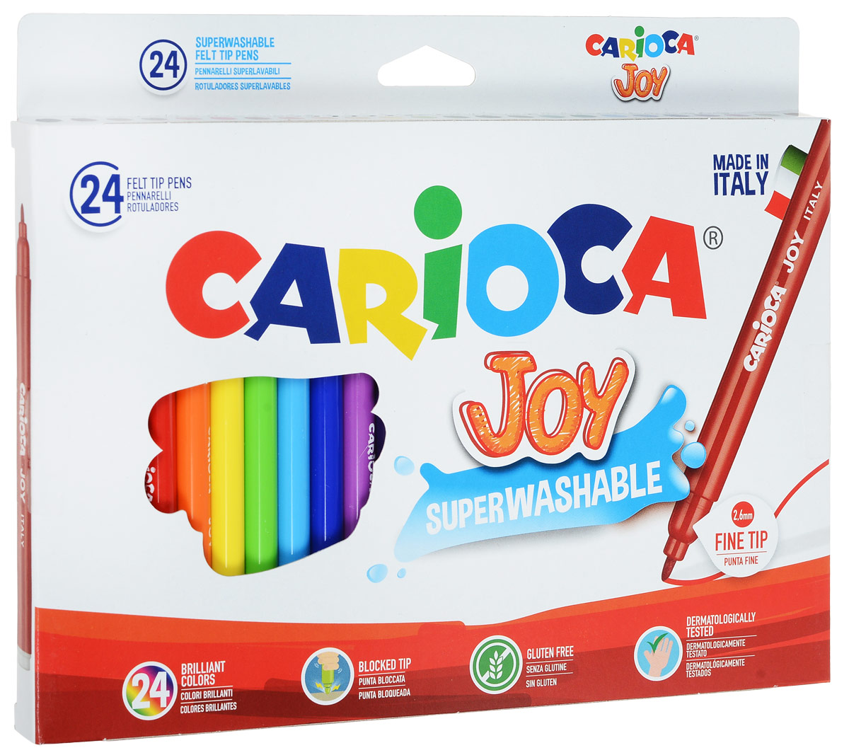 Carioca Набор фломастеров Joy 24 цвета40615/24 Carioca Набор фломастеров Joy 24 цвета40615/24Набор фломастеров Carioca Joy, предназначенные для художественно-оформительских работ, обязательно порадуют вашего юного художника и помогут создать ему неповторимые и яркие картинки.Набор включает в себя 24 фломастера ярких насыщенных цветов. Специальные чернила на водной основе легко смываются с кожи и удаляются с большинства тканей. Корпус фломастеров изготовлен из пластика, а колпачок имеет специальные прорези, что еще больше увеличивает срок службы чернил и предотвращает их преждевременное высыхание.Уважаемые клиенты! Обращаем ваше внимание на возможные изменения в дизайне упаковки. Качественные характеристики товара остаются неизменными. Поставка осуществляется в зависимости от наличия на складе.