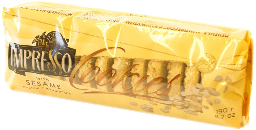 Импрессо печенье с кунжутом , 190 г8243 Импрессо печенье с кунжутом , 190 г8243Печенье из пшеничной муки высшего сорта с добавлением сахарной пудры и кунжута, поверхность посыпана тестовой крошкой и кунжутом.