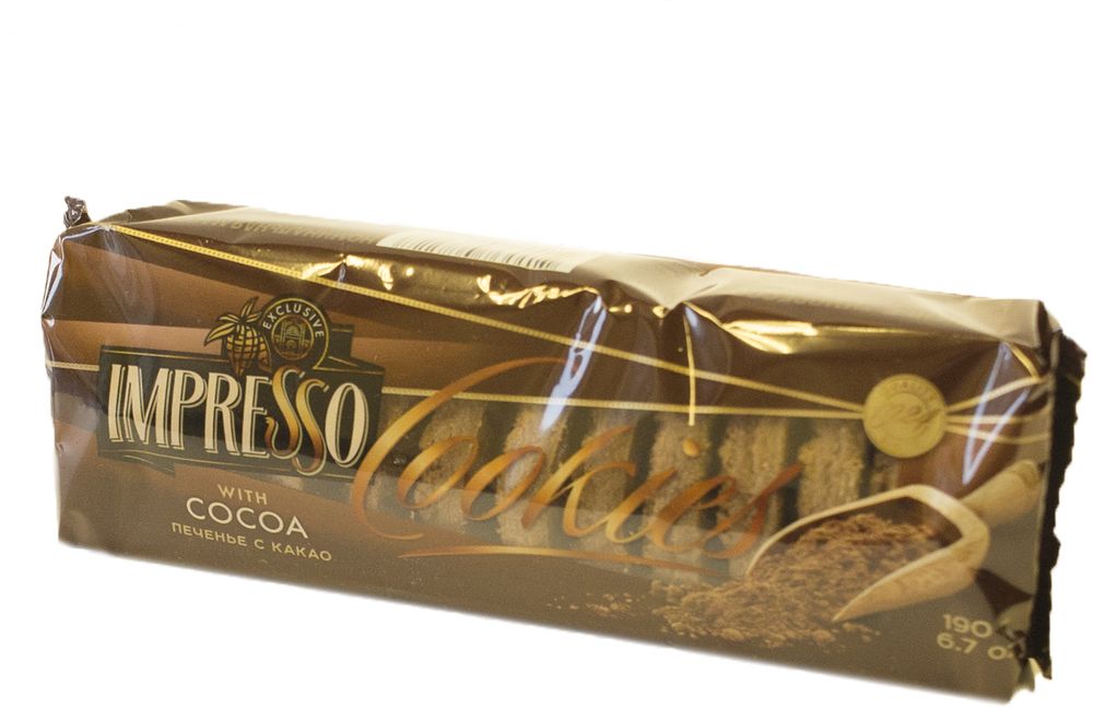 Импрессо печенье с какао, 190 г8245 Импрессо печенье с какао, 190 г8245Печенье из пшеничной муки высшего сорта с добавлением сахарной пудры и какао-порошка, поверхность посыпана тестовой крошкой с какао-порошком.