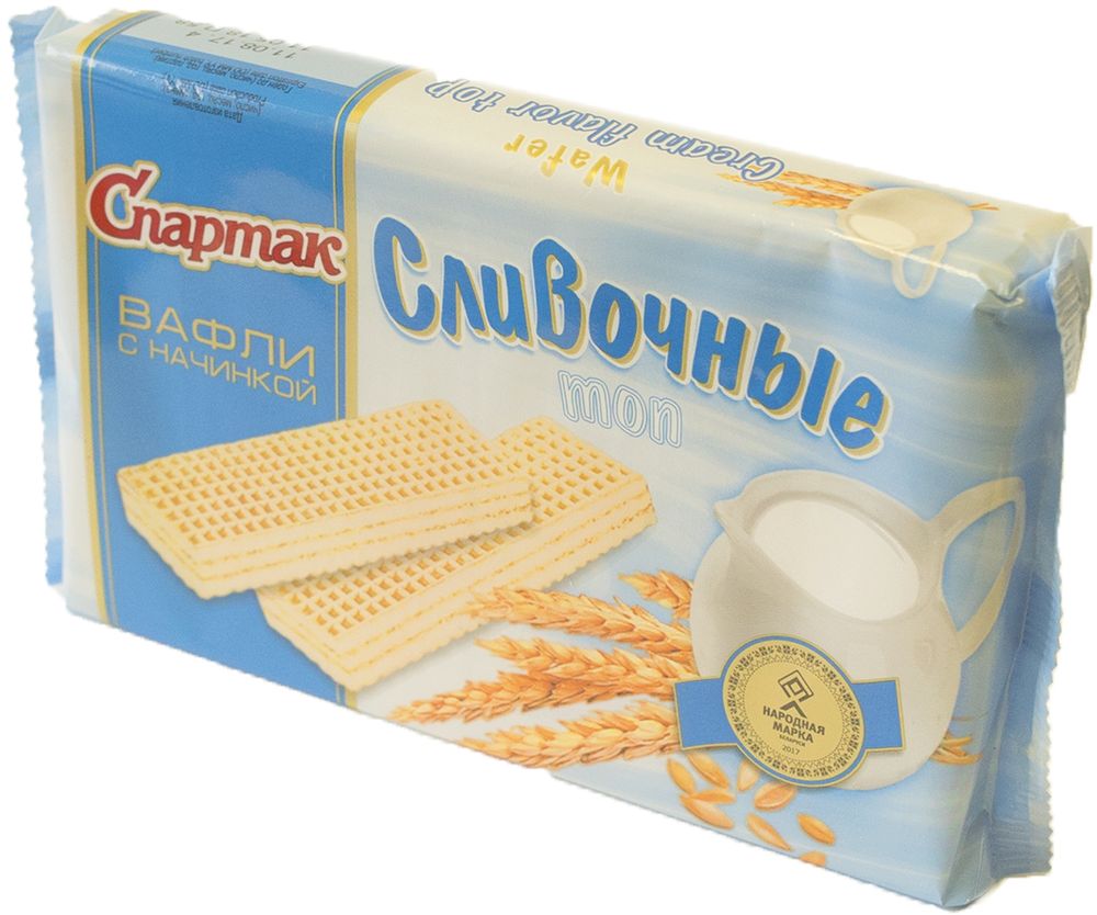 Спартак вафли сливочные, 216 г8589 Спартак вафли сливочные, 216 г8589Вафли с жировой начинкой между вафельными слоями с добавлением сахарной пудры, сухих сливок и ароматизатора Ванилин.