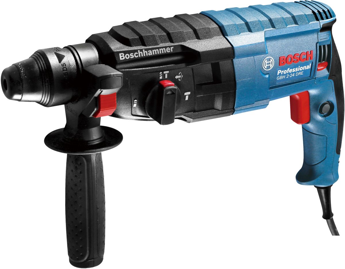 Перфоратор Bosch GBH 2-24 DRE0611272100 Перфоратор Bosch GBH 2-24 DRE0611272100Перфоратор Bosch GBH 2-24 DRE с патроном SDS-plus обладает повышенной долговечностью при тяжелых работах благодаря мощному мотору 790 Вт.Потребительские преимущества:Управляющая электроника, реверс, регулировка числа оборотов, блокировка вращения для долбления, предохранительная муфта, поворотный блок щеткодержателя, кабель на шарнире.Комплектация: Дополнительная рукоятка, ограничитель глубины. Чемодан.Технические характеристики: мощность - 790 Вт, сила удара - 2,7 Дж, Число ударов в мин - 0-4200, Максимальный диаметр сверления: бетон - 24 мм, Полая коронка/кирпич - 68 мм, cталь - 30 мм, дерево - 13 мм.