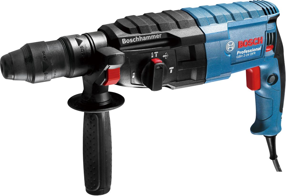 Перфоратор Bosch GBH 2-24 DFR0611273000 Перфоратор Bosch GBH 2-24 DFR0611273000Перфоратор Bosch GBH 2-24 DRE с патроном SDS-plus обладает повышенной долговечностью при тяжелых работах благодаря мощному мотору 790 Вт.Потребительские преимущества:Управляющая электроника, реверс, регулировка числа оборотов, блокировка вращения для долбления, предохранительная муфта, поворотный блок щеткодержателя, кабель на шарнире.Комплектация: Дополнительный быстрозажимной патрон для использования о сверлами с круглым хвостовиком, дополнительная рукоятка, ограничитель глубины. Чемодан.Технические характеристики: мощность - 790 Вт, сила удара - 2,7 Дж, Число ударов в мин - 0-4200, Максимальный диаметр сверления: бетон - 24 мм, Полая коронка/кирпич - 68 мм, cталь - 13 мм, дерево - 30 мм.