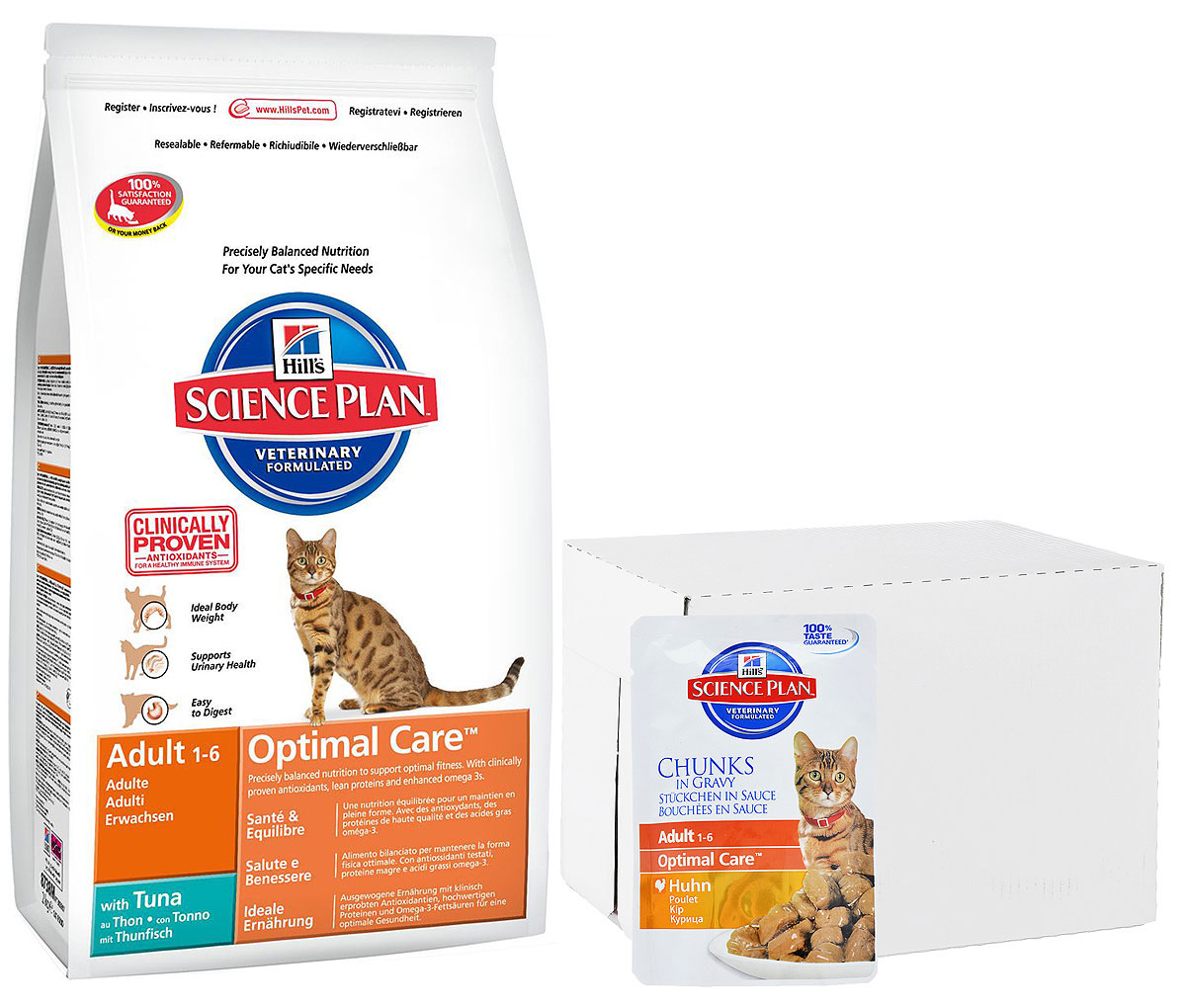 Корм сухой Hills Optimal Care, для взрослых кошек, тунец, 10 кг + ПОДАРОК: Консервы для кошек Hills, курица, 85 г, 16 шт4231 Корм сухой Hills Optimal Care, для взрослых кошек, тунец, 10 кг + ПОДАРОК: Консервы для кошек Hills, курица, 85 г, 16 шт4231Hills Optimal Care - это полноценное, точно сбалансированное питание, приготовленное из ингредиентов высокого качества, без добавления красителей и консервантов. Каждый рацион Hills Optimal Care содержит эксклюзивный комплекс антиоксидантов с клинически подтвержденным эффектом для поддержки иммунной системы вашего питомца.Если вы решили перевести вашу кошку на рацион Hills Optimal Care, это необходимо сделать постепенно в течение 7 дней. Смешивайте прежний корм с новым, постоянно увеличивая долю последнего до полного перехода на Hills Optimal Care. Тогда ваш питомец сможет в полной мере насладиться вкусом и преимуществами превосходного питания, которое обеспечивает рацион Hills Optimal Care.Рекомендуется:- Кошкам в возрасте от 1 до 6 лет.Не рекомендуется:- Котятам.- Беременным и кормящим кошкам.Ключевые преимущества:- Высокая энергетическая ценность удовлетворяет потребность животного в энергии без необходимости скармливать большие порции.- Контролируемое содержание протеинов и натрия - точный баланс нутриентов для крепкого здоровья (не допускает избытка нутриентов, который может навредить здоровью).- Контролируемое содержание магния и фосфора поддерживает здоровье мочевыводящих путей.- Комплекс антиоксидантов нейтрализует действие свободных радикалов и поддерживает иммунитет.- Превосходные вкусовые характеристики не оставят вашего питомца равнодушным.В подарок с сухому корму идут 16 паучей с консервированным кормом.Состав (с тунцом): мука из курицы и индейки, рис, животный жир, мука из кукурузного глютена, мука из тунца (8%), минералы, гидролизат белка, высушенная мякоть свеклы, хлорид калия, сульфат кальция, рыбий жир, таурин, L-лизина гидрохлорид, L-триптофан, витамины и микроэлементы, бета-каротин. Содержит натуральные консерванты – смесь токоферолов и лимонную кислоту.Гарантированный анализ: протеин 31,7 %, жиры 20,1 %, углеводы (БЭВ) 36,4 %, клетчатка (общая) 1,0 %, влага 5,5 %, кальций 0,87 %, фосфор 0,72 %, натрий 0,35 %, калий 0,65 %, магний 0,06 %, омега-3 жирные кислоты 0,40 %, омега-6 жирные кислоты 3,38 %, таурин 1 920 мг/кг, витамин A 5 910 МЕ/кг, витамин D 600 МЕ/кг, витамин E 650 мг/кг, витамин C 70 мг/кг, бета-каротин 1,5 мг/кг.Товар сертифицирован.