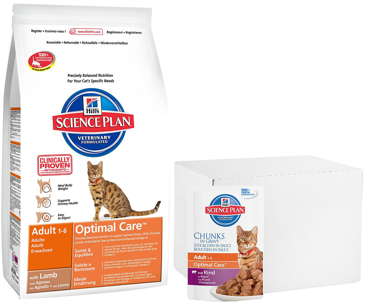 Корм сухой Hills Optimal Care, для взрослых кошек, ягненок, 10 кг + ПОДАРОК: Консервы для кошек Hills, говядина, 85 г, 16 шт5144 Корм сухой Hills Optimal Care, для взрослых кошек, ягненок, 10 кг + ПОДАРОК: Консервы для кошек Hills, говядина, 85 г, 16 шт5144Hills Optimal Care - это полноценное, точно сбалансированное питание, приготовленное из ингредиентов высокого качества, без добавления красителей и консервантов. Каждый рацион Hills Optimal Care содержит эксклюзивный комплекс антиоксидантов с клинически подтвержденным эффектом для поддержки иммунной системы вашего питомца.Если вы решили перевести вашу кошку на рацион Hills Optimal Care, это необходимо сделать постепенно в течение 7 дней. Смешивайте прежний корм с новым, постоянно увеличивая долю последнего до полного перехода на Hills Optimal Care. Тогда ваш питомец сможет в полной мере насладиться вкусом и преимуществами превосходного питания, которое обеспечивает рацион Hills Optimal Care.Рекомендуется:- Кошкам в возрасте от 1 до 6 лет.Не рекомендуется:- Котятам.- Беременным и кормящим кошкам.Ключевые преимущества:- Высокая энергетическая ценность удовлетворяет потребность животного в энергии без необходимости скармливать большие порции.- Контролируемое содержание протеинов и натрия - точный баланс нутриентов для крепкого здоровья (не допускает избытка нутриентов, который может навредить здоровью).- Контролируемое содержание магния и фосфора поддерживает здоровье мочевыводящих путей.- Комплекс антиоксидантов нейтрализует действие свободных радикалов и поддерживает иммунитет.В подарок к сухому корму идут 16 паучей с консервированным кормом.Состав (с ягненком): размолотый рис, мука из кукурузного глютена, мука из курицы и индейки, кукуруза, животный жир, мука из мяса ягненка (10%), гидролизат белка, высушенная мякоть свеклы, минералы, рыбий жир, L-лизина гидрохлорид, таурин, L-триптофан, витамины, микроэлементы и бета-каротин. Содержит натуральные консерванты – смесь токоферолов, лимонную кислоту и экстракт розмарина.Гарантированный анализ: протеин 32,1 %, жиры 20,0 %, углеводы (БЭВ) 35,7 %, клетчатка (общая) 1,1 %, влага 5,5 %, кальций 0,81 %, фосфор 0,73 %, натрий 0,33 %, калий 0,70 %, магний 0,06 %, омега-3 жирные кислоты 0,43 %, омега-6 жирные кислоты 3,39 %, таурин 1 930 мг/кг, витамин A 6 090 МЕ/кг, витамин D 590 МЕ/кг, витамин E 650 МЕ/кг, витамин C 70 мг/кг, бета-каротин 1,5 мг/кг.Товар сертифицирован.