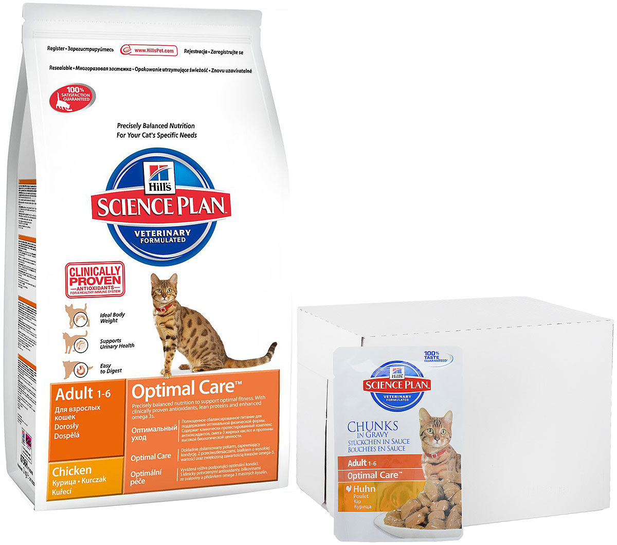 Корм сухой Hills Optimal Care, для взрослых кошек, курица, 10 кг + ПОДАРОК: Консервы для кошек Hills, курица, 85 г, 16 шт4296 Корм сухой Hills Optimal Care, для взрослых кошек, курица, 10 кг + ПОДАРОК: Консервы для кошек Hills, курица, 85 г, 16 шт4296Hills Optimal Care - это полноценное, точно сбалансированное питание, приготовленное из ингредиентов высокого качества, без добавления красителей и консервантов. Каждый рацион Hills Optimal Care содержит эксклюзивный комплекс антиоксидантов с клинически подтвержденным эффектом для поддержки иммунной системы вашего питомца.Если вы решили перевести вашу кошку на рацион Hills Optimal Care, это необходимо сделать постепенно в течение 7 дней. Смешивайте прежний корм с новым, постоянно увеличивая долю последнего до полного перехода на Hills Optimal Care. Тогда ваш питомец сможет в полной мере насладиться вкусом и преимуществами превосходного питания, которое обеспечивает рацион Hills Optimal Care.Корм рекомендуется:- Кошкам в возрасте от 1 до 6 лет.Не рекомендуется:- Котятам.- Беременным и кормящим кошкам.Ключевые преимущества:- Высокая энергетическая ценность удовлетворяет потребность животного в энергии без необходимости скармливать большие порции.- Контролируемое содержание протеинов и натрия - точный баланс нутриентов для крепкого здоровья (не допускает избытка нутриентов, который может навредить здоровью).- Контролируемое содержание магния и фосфора поддерживает здоровье мочевыводящих путей.- Комплекс антиоксидантов нейтрализует действие свободных радикалов и поддерживает иммунитет.- Превосходные вкусовые характеристики не оставят вашего питомца равнодушным.В подарок к корму Hills Optimal Care идут 16 паучей с консервами Hills.Состав: курица: мука из курицы (36%) и индейки (общее содержание муки из мяса домашней птицы 56%), пшеница, кукуруза, мука из кукурузного глютена, размолотый рис, гидролизат белка, минералы, высушенная мякоть сахарной свеклы, рыбий жир, DL-метионин, таурин, витамины, L-лизина гидрохлорид, микроэлементы и бета-каротин. Натуральные консерванты из смеси токоферолов и лимонной кислоты.Гарантированный анализ: протеин 33,0 %, жиры 20,7 %, углеводы (БЭВ) 34,8 %, клетчатка (общая) 1,4 %, влага 4,0 %, кальций 0,77 %, фосфор 0,76 %, натрий 0,38 %, калий 0,78 %, магний 0,08 %, омега-3 жирные кислоты 0,43 %, омега-6 жирные кислоты 3,14 %, таурин 2 005 мг/кг, витамин A 6 315 МЕ/кг, витамин D 600 МЕ/кг, витамин E 650 мг/кг, бета-каротин 1,5 мг/кг.Товар сертифицирован.