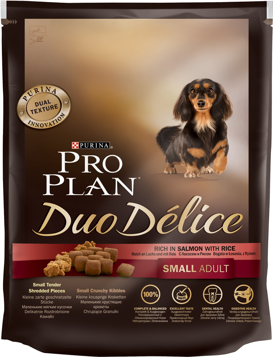 Корм сухой Pro Plan Duo Delice для собак мелких и карликовых пород, с лососем и рисом, 700 г12251947 Корм сухой Pro Plan Duo Delice для собак мелких и карликовых пород, с лососем и рисом, 700 г12251947Сухой корм Pro Plan Duo Delice - это полнорационный корм для взрослых собак мелких и карликовых пород. Корм Pro Plan Duo Delice обеспечивает правильный баланс питательных веществ для поддержания здоровья и хорошего самочувствия взрослых маленьких собак. Тщательно отобранные ингредиенты и специально разработанный нами процесс приготовления обеспечивают высокую усвояемость корма, благодаря чему собаки получают необходимые им питательные вещества.Превосходный вкус. Собаки обожают инновационное сочетание хрустящих крокет и мягких кусочков, в которых основным ингредиентом является лосось.Для здоровья зубов. Уникальное сочетание хрустящих крокет и мягких кусочков побуждает собаку с удовольствием пережевывать корм. Механическое воздействие хрустящих крокет на зубы вашей собаки действует как зубная щетка, тем самым способствуя уменьшению отложения зубного камня.Для здоровья пищеварительного тракта. Содержащаяся в корме клетчатка помогает поддерживать здоровье пищеварительного тракта, помогает улучшить качество стула, а белок из специально подобранных ингредиентов питает клетки кишечника.Для здоровья пищеварительного тракта. Содержащаяся в корме клетчатка помогает поддерживать здоровье пищеварительного тракта, помогает улучшить качество стула, а белок из специально подобранных ингредиентов питает клетки кишечника. Состав: лосось (15%), сухой белок птицы, кукуруза, пшеница, рис (4%), животный жир, пшеничный глютен, сухая мякоть свеклы, минералы, вкусоароматическая кормовая добавка, кукурузный глютен, пропиленгликоль, яичный порошок, солодовая мука, витамины. Добавленные вещества (на 1 кг): витамин А 28200 МЕ; витамин D3 920 МЕ; витамин Е 550 МЕ; витамин С 140 мг; железо 75 мг; йод 1,9 мг; медь 10 мг; марганец 35 мг; цинк 140 мг; селен 0,12 мг. Технологические добавки: экстракт токоферолов натурального происхождения 50 мг/кг. Гарантируемые показатели: белок 27%, жир 17%, сырая зола 8%, сырая клетчатка 2%. Товар сертифицирован.
