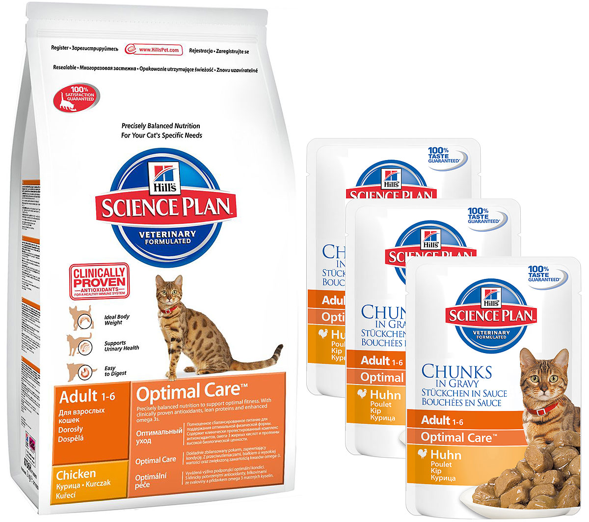 Корм сухой Hills Optimal Care, для взрослых кошек, курица, 5 кг + ПОДАРОК: Консервы для кошек Hills, курица, 85 г, 7 шт4294 Корм сухой Hills Optimal Care, для взрослых кошек, курица, 5 кг + ПОДАРОК: Консервы для кошек Hills, курица, 85 г, 7 шт4294Hills Optimal Care - это полноценное, точно сбалансированное питание, приготовленное из ингредиентов высокого качества, без добавления красителей и консервантов. Каждый рацион Hills Optimal Care содержит эксклюзивный комплекс антиоксидантов с клинически подтвержденным эффектом для поддержки иммунной системы вашего питомца.Если вы решили перевести вашу кошку на рацион Hills Optimal Care, это необходимо сделать постепенно в течение 7 дней. Смешивайте прежний корм с новым, постоянно увеличивая долю последнего до полного перехода на Hills Optimal Care. Тогда ваш питомец сможет в полной мере насладиться вкусом и преимуществами превосходного питания, которое обеспечивает рацион Hills Optimal Care.Корм рекомендуется:- Кошкам в возрасте от 1 до 6 лет.Не рекомендуется:- Котятам.- Беременным и кормящим кошкам.Ключевые преимущества:- Высокая энергетическая ценность удовлетворяет потребность животного в энергии без необходимости скармливать большие порции.- Контролируемое содержание протеинов и натрия - точный баланс нутриентов для крепкого здоровья (не допускает избытка нутриентов, который может навредить здоровью).- Контролируемое содержание магния и фосфора поддерживает здоровье мочевыводящих путей.- Комплекс антиоксидантов нейтрализует действие свободных радикалов и поддерживает иммунитет.- Превосходные вкусовые характеристики не оставят вашего питомца равнодушным.В подарок к корму Hills Optimal Care идут 16 паучей с консервами Hills.Состав: курица: мука из курицы (36%) и индейки (общее содержание муки из мяса домашней птицы 56%), пшеница, кукуруза, мука из кукурузного глютена, размолотый рис, гидролизат белка, минералы, высушенная мякоть сахарной свеклы, рыбий жир, DL-метионин, таурин, витамины, L-лизина гидрохлорид, микроэлементы и бета-каротин. Натуральные консерванты из смеси токоферолов и лимонной кислоты.Гарантированный анализ: протеин 33,0 %, жиры 20,7 %, углеводы (БЭВ) 34,8 %, клетчатка (общая) 1,4 %, влага 4,0 %, кальций 0,77 %, фосфор 0,76 %, натрий 0,38 %, калий 0,78 %, магний 0,08 %, омега-3 жирные кислоты 0,43 %, омега-6 жирные кислоты 3,14 %, таурин 2 005 мг/кг, витамин A 6 315 МЕ/кг, витамин D 600 МЕ/кг, витамин E 650 мг/кг, бета-каротин 1,5 мг/кг.Товар сертифицирован.