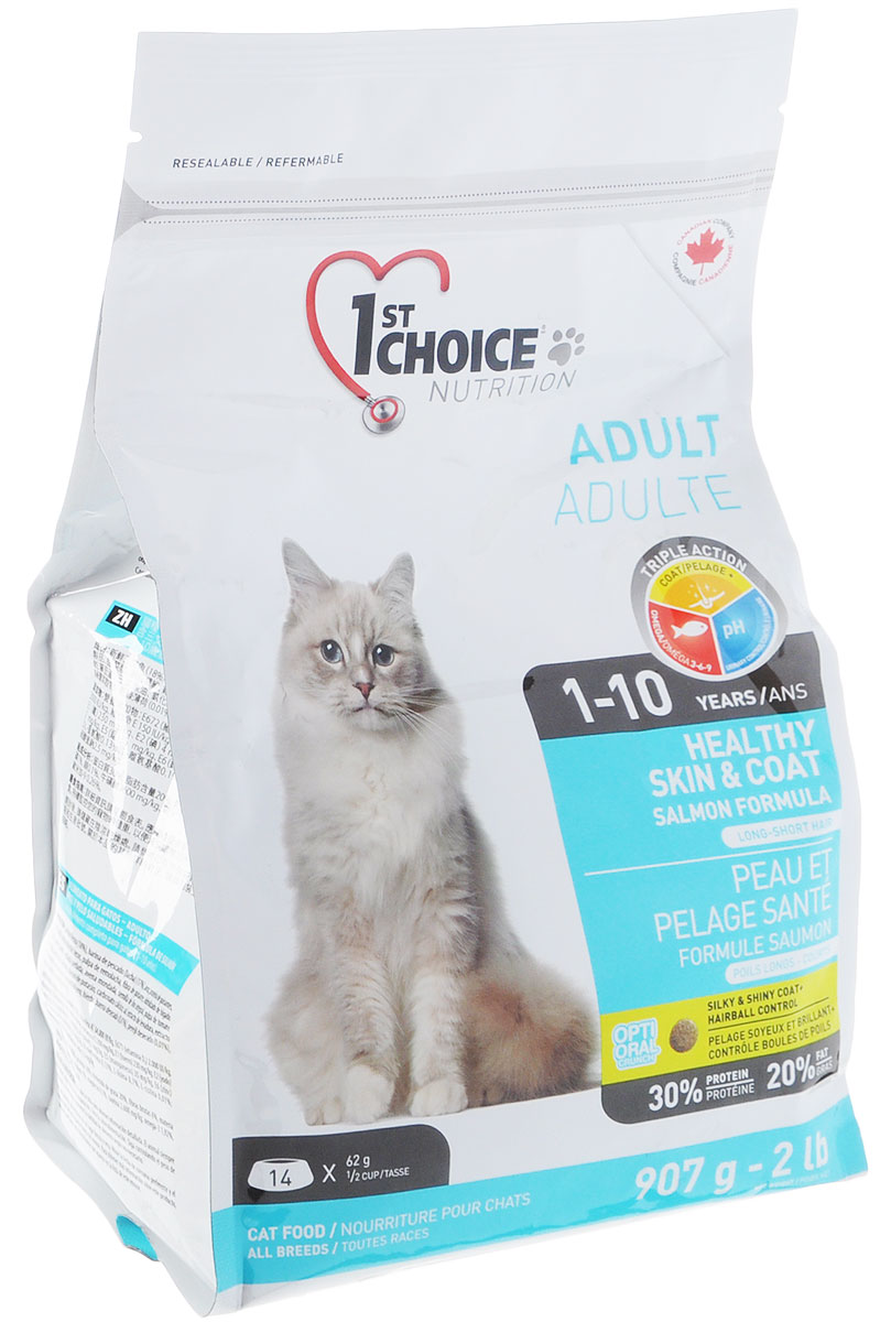 Корм сухой 1st Choice Adult для здоровья шерсти и кожи взрослых кошек, с лососем, 907 г. 102.1.221102.1.221 Корм сухой 1st Choice Adult для здоровья шерсти и кожи взрослых кошек, с лососем, 907 г. 102.1.221102.1.221Сухой корм 1st Choice Adult разработан для улучшения состояния кожи и шерсти взрослых кошек в любое время года, шерсть любой длины становитсямягкой и блестящей. Рыба и рыбий жир содержат все необходимое для здоровой кожи и блестящей шерсти. Жир лосося является лучшим источникомОмега 3-6-9жирных кислот, обеспечивающих здоровье кожи. Сочетание рыбного белка и рыбьего жира гарантирует здоровую и роскошную шерсть.Свежий лосось - главный ингредиент, который понравится даже самым привередливым гурманам.Ингредиенты: свежий лосось 18%, мука из сельди менхаден 17%, рис, гороховый протеин, куриный жир, сохраненный смесью натуральных токоферолов (витамин Е), сушеное яйцо, мякоть свеклы, клетчатка гороха, гидролизат куриной печени, коричневый рис, специально обработанные ядра ячменя и овса, цельное семя льна, жир лосося, сушеная мякоть томата, калия хлорид, лецитин, кальция карбонат, холина хлорид, соль, кальция пропионат, натрия бисульфат, таурин, DL- метионин, L-лизин, экстракт дрожжей, железа сульфат, аскорбиновая кислота (витамин С), экстракт цикория, цинка оксид, натрия селенит, альфа-токоферол ацетат (витамин Е), никотиновая кислота, экстракт юкки Шидигера, L-цистин, кальция иодат, марганца оксид, L-карнитин, D-кальция пантотенат, тиамина мононитрат, рибофлавин, пиридоксина гидрохлорид, витамин А, холекальциферол (витамин Д3), биотин, сушеная мята 0,01%, сушеная петрушка 0,01%, экстракт зеленого чая 0,01%, цинка протеинат, витамин В12, кобальта карбонат, фолиевая кислота, марганца протеинат, меди протеинат.Гарантированный анализ: сырой протеин мин. 30%, сырой жир мин. 20%, сырая клетчатка макс. 6%, влага макс. 10%, зола макс. 9%, кальций мин. 1,2%, фосфор мин. 1%, марганец макс. 0,1%, таурин 2600 мг/кг, витамин А мин. 34 000 МЕ/кг, витамин Д3 мин. 2 000 МЕ/кг, витамин Е мин. 150 МЕ/кг, омега-3 жирные кислоты 1,92%, омега-6 жирные кислоты 9,19%, омега-9 жирные кислоты 0,26%. Энергетическая ценность: 455 ккал/мерный стакан/ 250 мл - 3639 ккал. Товар сертифицирован.