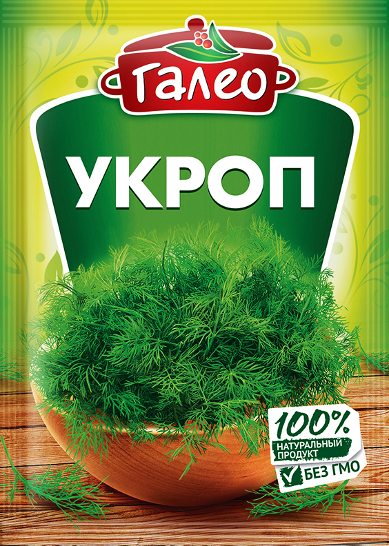 Galeo укроп, 10 г901298626 Galeo укроп, 10 г901298626Молодые сушеные листья огородного укропа - растения, происходящего из восточных средиземноморских районов и Западной Азии. В настоящее время разводится почти во всем мире. Укроп имеет слабо пряный вкус и характерный, освежающий запах. Его добавляют в салаты, супы, мясные вторые блюда, при тушении и жарении рыбы, а также при засолке огурцов и помидоров. Пищевая ценность (средние значения) 100 г продукта: белки 23,9 г, жиры 5,0 г, углеводы 19,3 г.