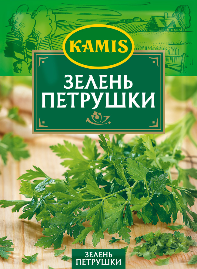 Kamis зелень петрушки, 8 гYA72-R Kamis зелень петрушки, 8 гYA72-RВсегда чувствуется, когда еда приготовлена с любовью! Вдохновляйтесь продуктами Kamis, готовьте блюда, полные любви, и делитесь настоящими чувствами с самыми близкими.Зелень петрушки - высушенные и измельченные листья травянистого растения семейства зонтичных. Аромат: травянистый, с легкой древесной нотой. Вкус: слегка горьковатый, пикантный, со свежей ноткой.Пищевая ценность (средние значения) 100 г продукта: белки 22,5 г, жиры 4,6 г, углеводы 21,9 г.