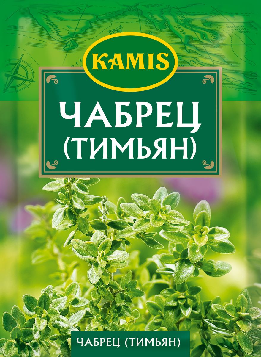 Kamis чабрец, 10 гYA57-R Kamis чабрец, 10 гYA57-RЧабрец (тимьян) - это высушенные и измельченные листья растения семейства яснотковых. Аромат: характерный, насыщенный, с легкими хвойными нотами. Вкус: пряный, слегка горьковатый. Пищевая ценность 100 г продукта: белки – 17,5 г, жиры – 2,3 г, углеводы – 18,8 г.