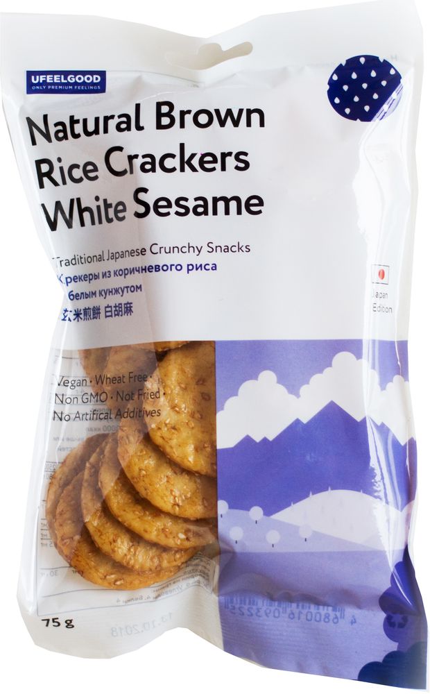 UFEELGOOD Brown Rice Crackers White Sesame керкеры из коричневого риса с белым кунжутом, 75 г593 UFEELGOOD Brown Rice Crackers White Sesame керкеры из коричневого риса с белым кунжутом, 75 г593Крекеры из коричневого риса с белым кунжутом. Наши рисовые крекеры сделаны из особого вида коричневого риса, известного в Японии как Генмаи. Наши крекеры из цельного коричневого риса обеспечивают организм необходимыми питательными веществами и витаминами в легко усвояемой форме, делая их вкусной и легкой закуской. Они содержат более 30 % белого кунжута и являются хорошим источником кальция. Печеные крекеры приготовлены по подлинному японскому рецепту с использованием настоящего соевого соуса тамари и сиропа коричневого риса. Натуральные крекеры из коричневого риса прекрасно подходят для завтрака. Это слегка хрустящее и легкое угощение просто идеально для супов или в качестве полезного перекуса. Крекеры из коричневого риса с черным кунжутом способствуют улучшению жизнедеятельности вашего организма.