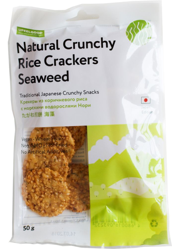 UFEELGOOD Natural Crunchy Rice Crackers Seaweed крекеры из коричневого риса с морскими водорослями Нори, 50 г594 UFEELGOOD Natural Crunchy Rice Crackers Seaweed крекеры из коричневого риса с морскими водорослями Нори, 50 г594Крекеры из из риса и морских водорослей Нори. Традиционная японская хрустящая легкая закуска.Крекеры подарят вам хрустящее и ароматное наслаждение, перед которым невозможно устоять. Рис измельчен не полностью и сохраняет свою целостность, что придает крекерам оригинальную текстуру и приятный вкус. Они слегка запеченные и приправленные особенным соусом тамари, с добавлением мирина (рисовая винная приправа) и крахмала. Насладитесь ими просто в качестве закуски или со своими топпингами и соусами. Наши уникальные крекеры подойдут любому столу.