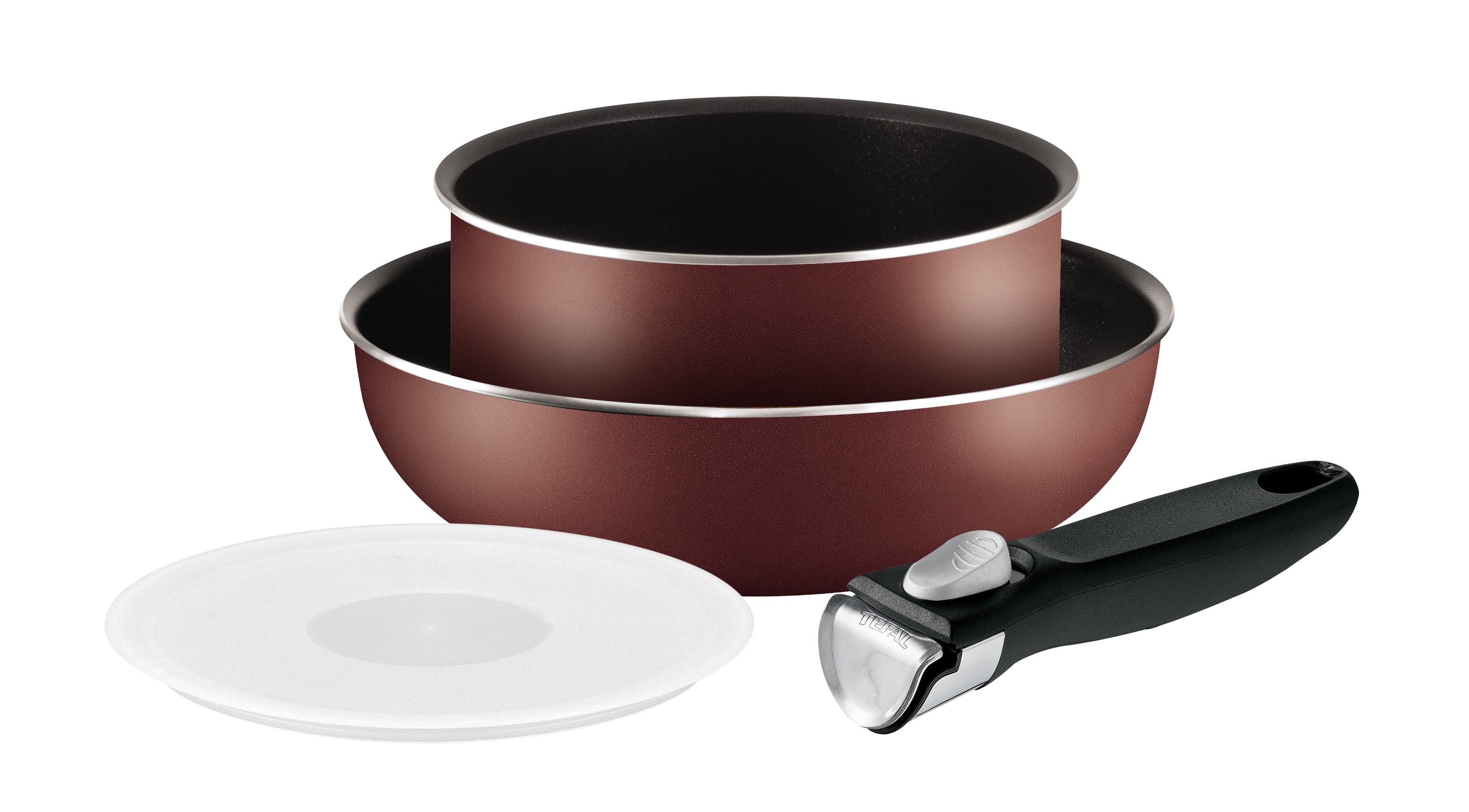 Набор посуды Tefal Ingenio, с антипригарным покрытием, цвет: бордовый, 3 предмета. 41628304162830 Набор посуды Tefal Ingenio, с антипригарным покрытием, цвет: бордовый, 3 предмета. 41628304162830Набор Tefal Ingenio состоит из ковша, сотейника и съемной ручки. Посуда изготовлена из алюминия с антипригарным покрытием, которое благодаря усовершенствованному верхнему слою обеспечивает отличные антипригарные свойства и износостойкость даже при длительном использовании.Элегантную и практичную ручку Ingenio, выполненную из бакелита, вы сможете отсоединить одним движением. Благодаря съемной ручке посуда легко и просто вкладывается друг в друга по принципу матрешки и хранится, занимая минимум места. Готовое блюдо можно не перекладывать в другую посуду, поскольку данный набор подходит и для сервировки стола.Благодаря специальной технологии Durabase устойчивое к деформации многослойное дно Diffusal обеспечивает оптимальное распределение тепла и равномерное приготовление пищи.Вся посуда Tefal имеет уникальный индикатор нагрева Thermo-Spot. Если индикатор стал равномерно красным, то дно достигло оптимальной для приготовления температуры.Ковш дополнен полупрозрачной герметичной крышкой, которая защитит продукты в холодильнике, от посторонних запахов.Можно использовать на всех видах плит, кроме индукционных. Можно мыть в посудомоечной машине. Можно использовать посуду в духовке с максимальной температурой нагрева 250°C (без ручки), ставить ее в холодильник или мыть в посудомоечной машине.Диаметр ковша: 20 см.Высота ковша: 9 см.Диаметр крышки для ковша: 22,5 см.Диаметр сотейника: 26 см.Высота сотейника: 8 см.Длина съемной ручки: 18 см.
