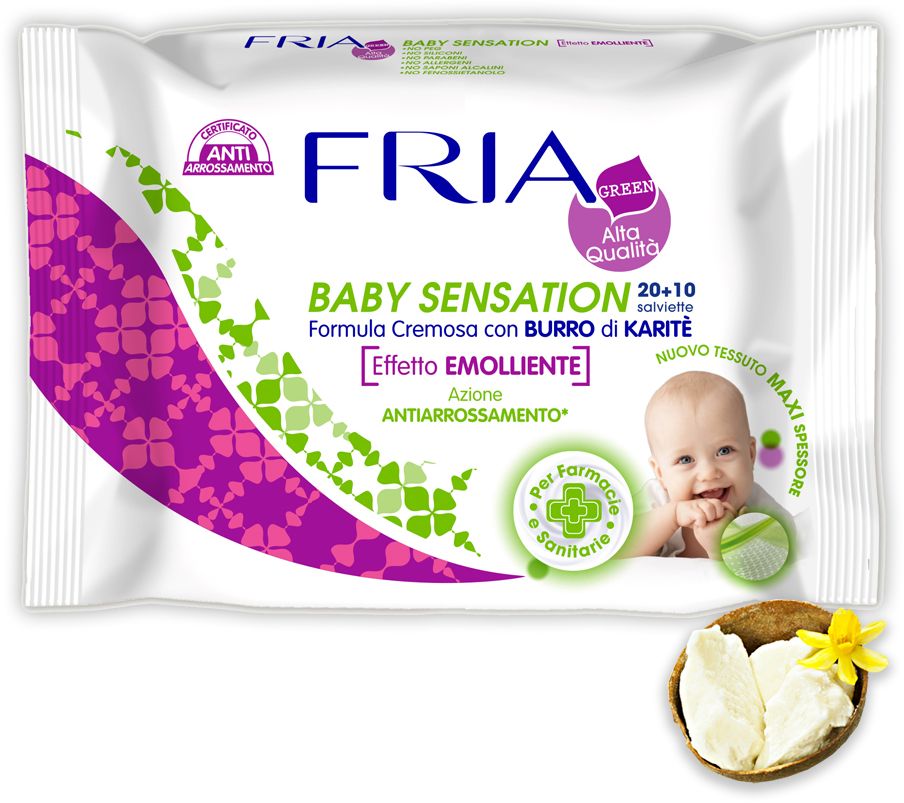 Fria Салфетки влажные детские Fria Baby Sensation 30 шт090110 Fria Салфетки влажные детские Fria Baby Sensation 30 шт090110Мягкие салфетки FRIA BABY SENSATION нежно очистит и увлажнит кожу вашего малыша, не влияя на естественный PH кожи ребенка. Очищающее действие продукта сопровождается смягчающим действием масла миндального ореха и увлажняющим действием алоэ вера и глицерина. Цельное рисовое молочко придает коже бархатистость. Экстракты ромашки, овса и календулы для деликатного увлажнения не требуют дополнительного использования крема или лосьона.