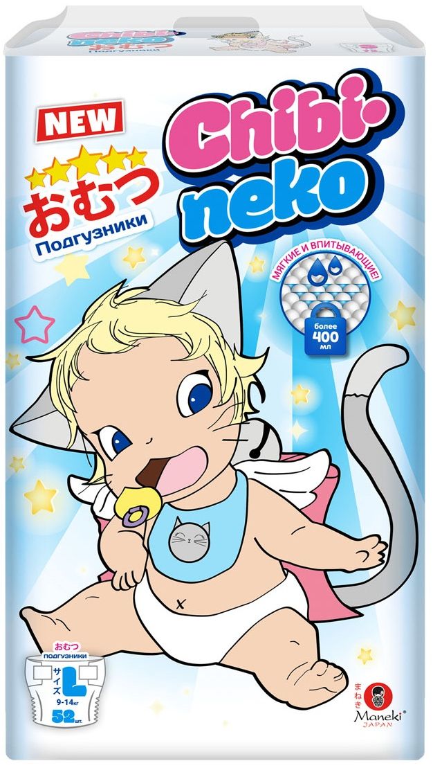 Maneki Подгузники детские одноразовые Chibi-Neko размер L 9-14 кг 52 шт
