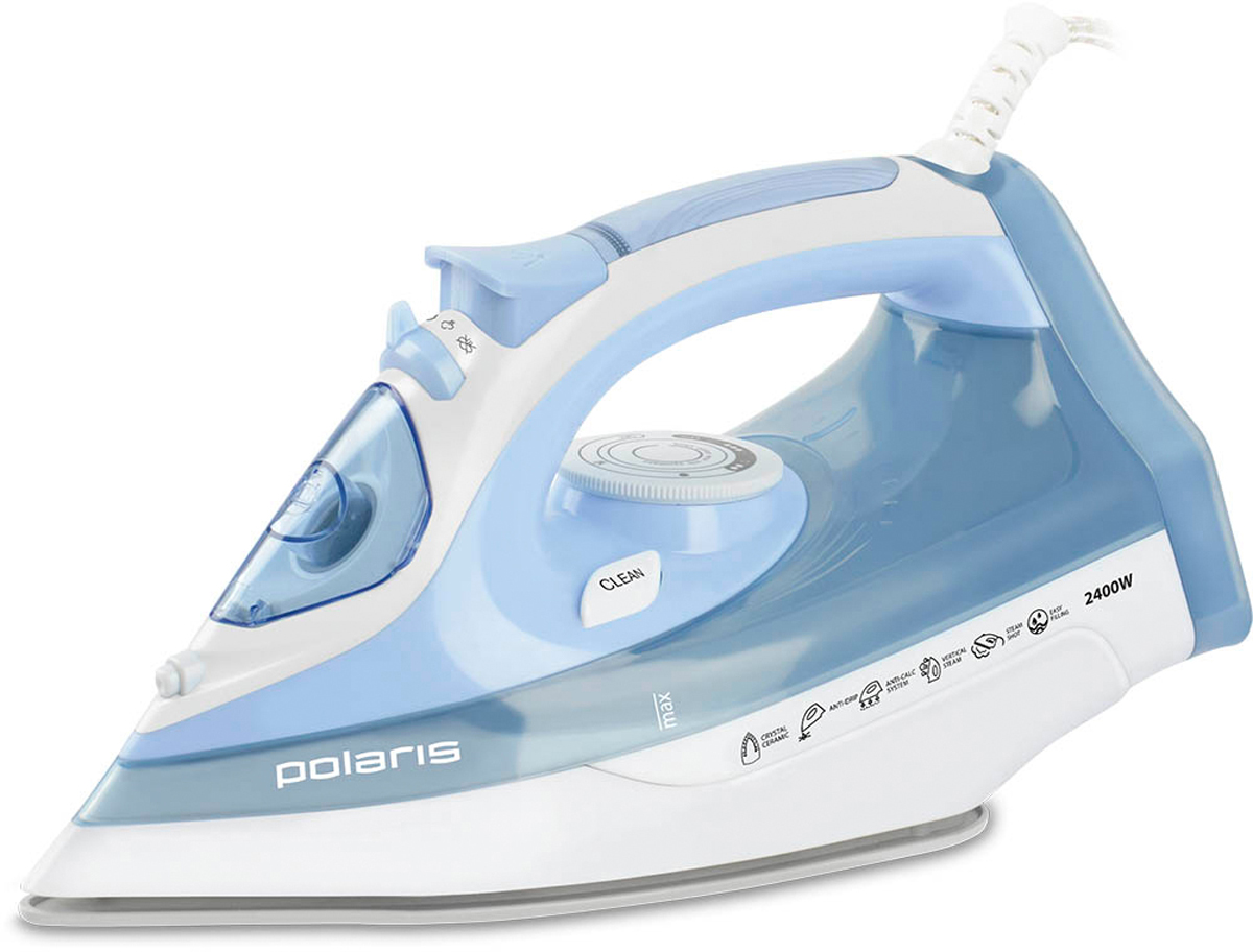 Polaris PIR 2488K, Light Blue утюг007919_голубой Polaris PIR 2488K, Light Blue утюг007919_голубойУтюг Polaris PIR 2488K гармонично сочетает в себе высокую эффективность и простоту в использовании.Подошва с керамическим покрытием Crystal Ceramic обеспечивает идеальное скольжение по ткани вне зависимости от ее типа. Мощный паровой удар легко расправляет складки и заломы в неподатливых и плотных тканях, делая процесс глажения еще более результативным. Утюг оснащен системой капля-стоп, благодаря чему вы сможете гладить даже деликатные ткани при низкой температуре, не беспокоясь о появлении пятен воды на одежды. Система предотвращения накипи препятствует образованию известкового налета, продлевая срок службы прибора.