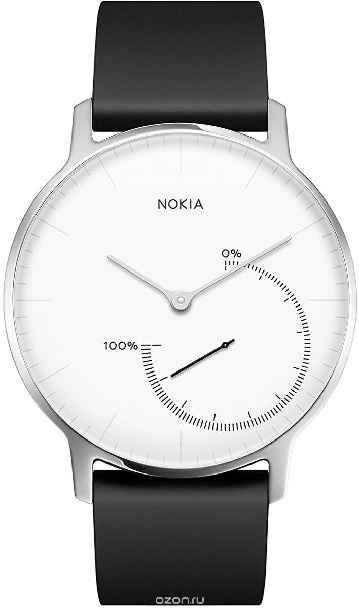 Nokia Steel, White Black фитнес-трекер70288403 Nokia Steel, White Black фитнес-трекер70288403Фитнес-трекер Nokia Steel поможет вам больше двигаться, лучше спать и просто чувствовать себя лучше.Просто и эффективно. Никаких кнопок. Никаких индикаторов, требующих расшифровки. Не нужно проверять свой телефон каждый раз. Аналоговый циферблат дает вам непрерывную и четкую информацию о вашем ежедневном прогрессе.Nokia Steel автоматически синхронизируется с приложением Health Mate и позволяет получить подробную картину своих дней и ночей с помощью наглядных цветных графиков, которые покажут всю вашу активность - от анализа сна до сжигаемых калорий.Отличное приложение Health Mate поощрит за достижения, предложит совет, а также позволит бросить вызов друзьям для дополнительной мотивации и прогресса.Благодаря корпусу из нержавеющей стали 316L, Nokia Steel сочетает в себе прочность и превосходный внешний вид. Отслеживание активности: шаги, пройденная дистанция, плавание, бег и сжигание калорийКонтроль сна: анализ цикла сна и будильникАвтоматическая синхронизация: держите все данные на своем смартфонеКорпус из нержавеющий стали с силиконовым ремешкомЗарядка не требуется: аккумулятор работает до 8 месяцев