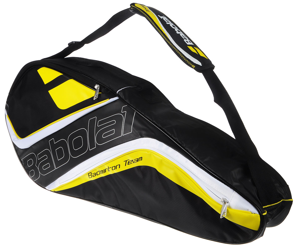 Чехол Babolat Team Line, на 8 бадминтонных ракеток, цвет: желтый, черный751137 Чехол Babolat Team Line, на 8 бадминтонных ракеток, цвет: желтый, черный751137Чехол Babolat Team Line выполнен из плотного износоустойчивого материала. Изделие имеет два основных отделения для 8 бадминтонных ракеток, которые застегиваются на молнию. По бокам расположены 4 кармана на молнии для хранения аксессуаров. Для переноски предусмотрен плечевой регулируемый ремень с мягкой накладкой и 2 короткие ручки. Чехол имеет стильный яркий дизайн и отличается функциональностью.