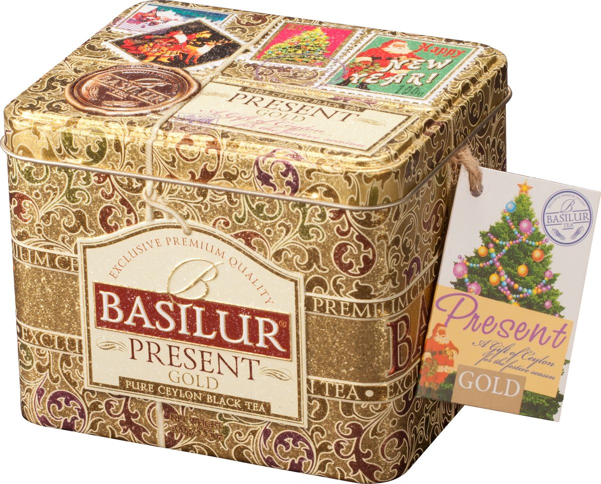 Basilur Gold Gift черный крупнолистовой чай, 100 г70156-01 Basilur Gold Gift черный крупнолистовой чай, 100 г70156-01Чай черный с миндалем, кокосом, вишней и бутонами жасмина. Чай Базилур из серии Present Золотой подарок упакован в жестяную шкатулку, что позволяет сохранить и продлить свежесть черного чая, наполненного неповторимыми нежными ароматами цветов и фруктов.