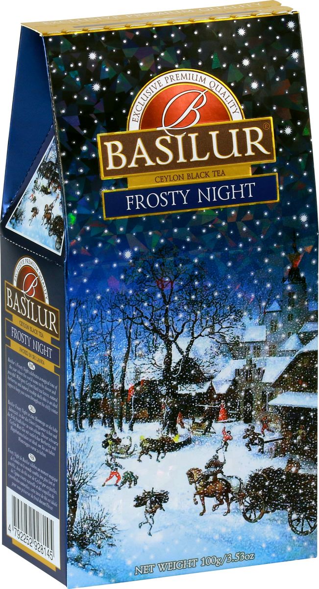Basilur Frosty Night черный листовой чай, 100 г71110-00 Basilur Frosty Night черный листовой чай, 100 г71110-00Черный чай Basilur Морозная ночь из коллекции Праздничная от цейлонской компании Базилур - отличный выбор для любителей черных ароматизированных чаев. Чай имеет ярко выраженный аромат ванили и миндаля, также в состав входят кусочки барбариса и шиповника, цветы.