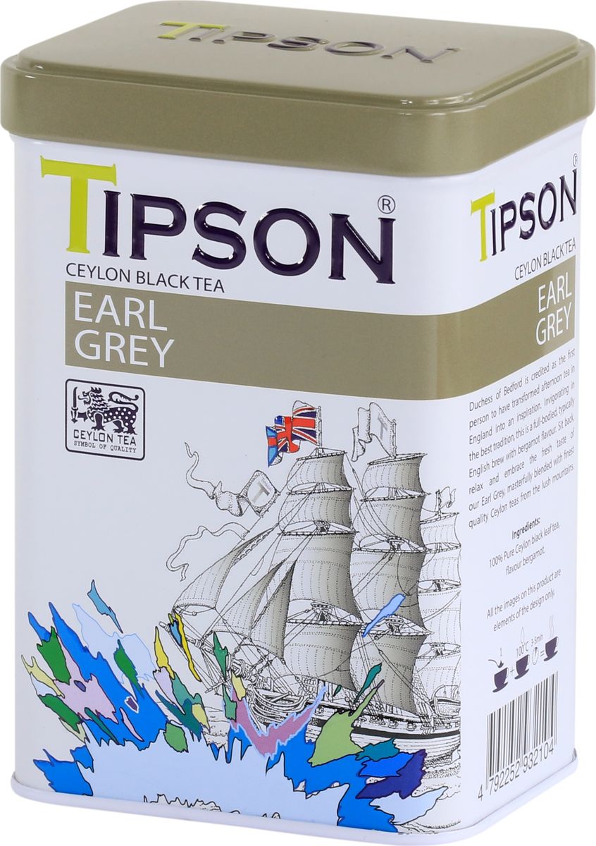 Tipson Эрл Грей чай листовой черный с ароматом бергамота, 85 г80124-00 Tipson Эрл Грей чай листовой черный с ароматом бергамота, 85 г80124-00Чай Tipson Эрл Грэй - классический чай с лёгким оттенком бергамота, созданный в лучших английских традициях, обладает тонким, нежным ароматом и особой изысканностью вкуса. Этот чай способствует отдыху, пробуждает вдохновение и дарит моменты наслаждения. Типосн сочетает в себе традиции и качества цейлонского чая, которые насчитывают не одно тысячелетие, а упаковка радует взгляд свежим и модным дизайном.