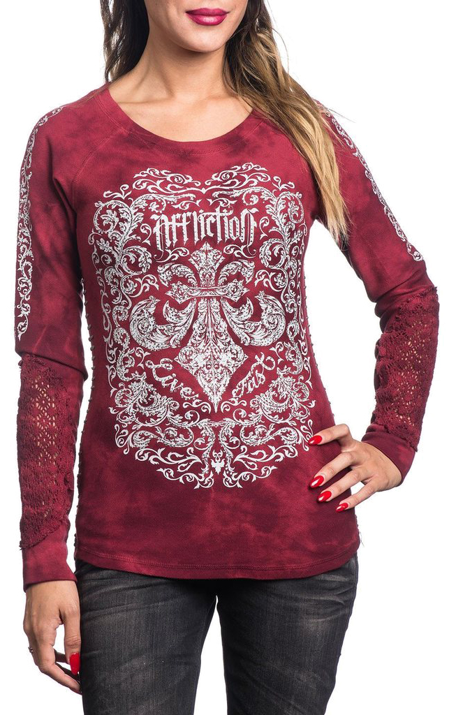 Лонгслив женский Affliction Calligraphist, цвет: красный. AW14461. Размер XS (42)AW14461 Лонгслив женский Affliction Calligraphist, цвет: красный. AW14461. Размер XS (42)AW14461Лонгслив женский Affliction Calligraphist выполнен из натурального хлопка. Модель с круглым вырезом горловины оформлена оригинальным принтом.