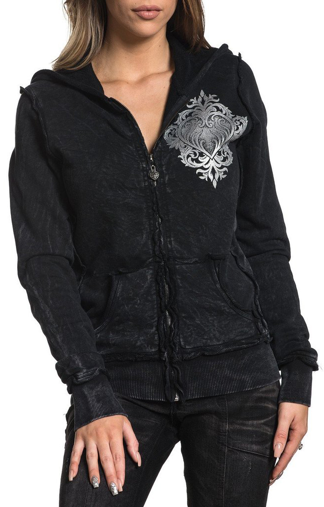 Толстовка женская Affliction Sinful Marias Diamonds Zip Hood, цвет: черный. S4093. Размер XL (50)S4093 Толстовка женская Affliction Sinful Marias Diamonds Zip Hood, цвет: черный. S4093. Размер XL (50)S4093Толстовка женская Affliction Sinful Marias Diamonds Zip Hood выполнена из хлопка. Модель с капюшоном застегивается на застежку-молнию.