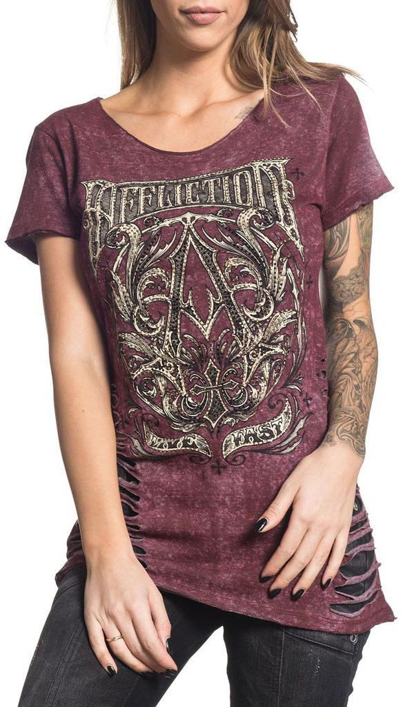 Футболка женская Affliction A Frame, цвет: бордовый. AW16038. Размер M (46)AW16038 Футболка женская Affliction A Frame, цвет: бордовый. AW16038. Размер M (46)AW16038Футболка женская Affliction A Frame выполнена из натурального хлопка. Модель с круглым вырезом горловины и короткими рукавами оформлена оригинальным принтом.