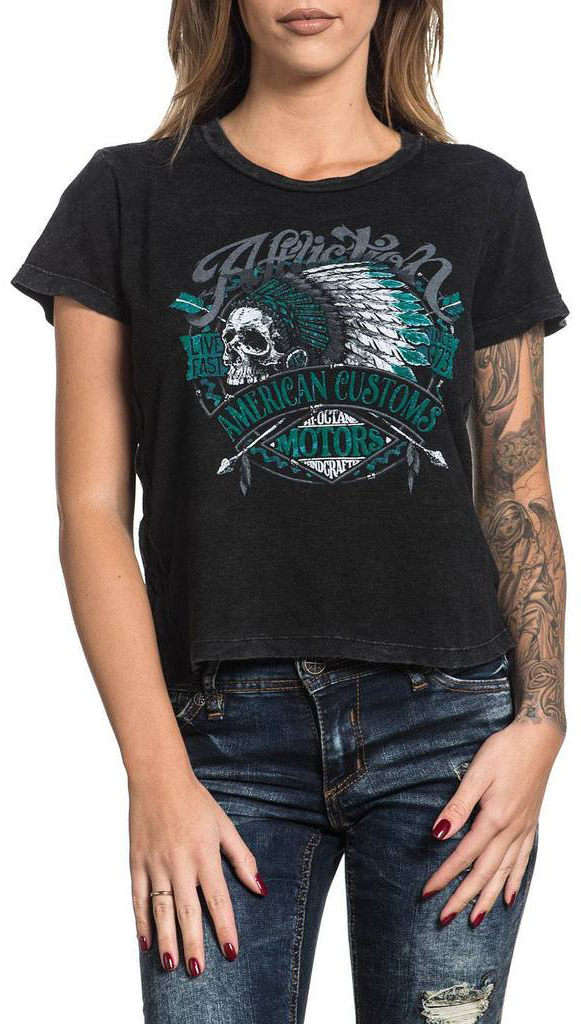 Футболка женская Affliction Ac Vision Quest, цвет: черный. AW14932. Размер S (44)AW14932 Футболка женская Affliction Ac Vision Quest, цвет: черный. AW14932. Размер S (44)AW14932Футболка женская Affliction выполнена из натурального хлопка. Модель с круглым вырезом горловины и короткими рукавами оформлена оригинальным принтом.