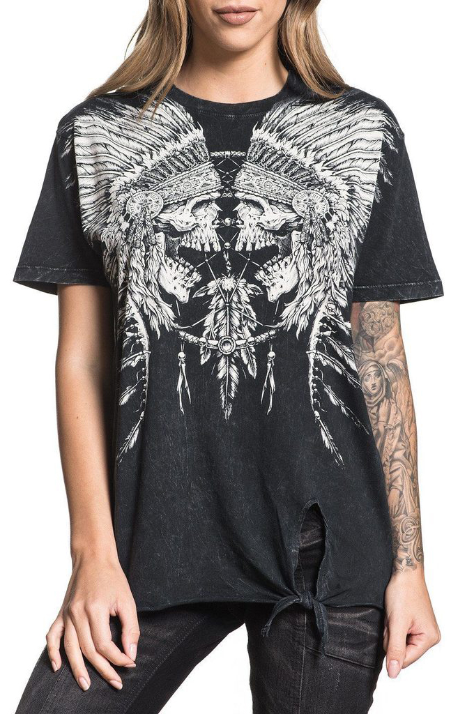 Футболка женская Affliction Tribal Scream, цвет: черный. AW18294. Размер S (44)AW18294 Футболка женская Affliction Tribal Scream, цвет: черный. AW18294. Размер S (44)AW18294Футболка женская Affliction выполнена из натурального хлопка. Модель с круглым вырезом горловины и короткими рукавами оформлена оригинальным принтом.