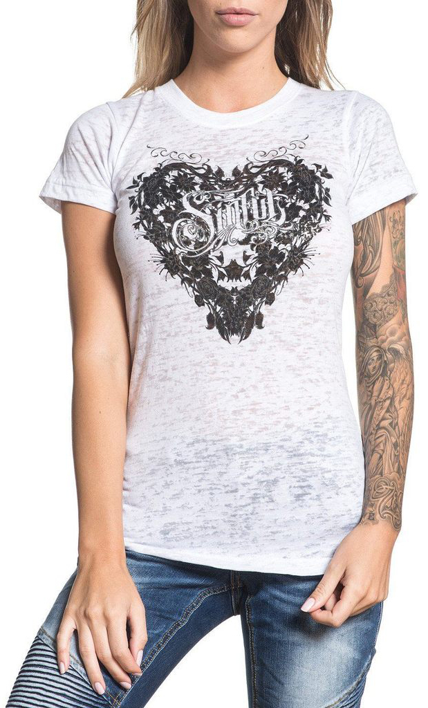 Футболка женская Affliction Sinful Floral Wings, цвет: белый. S3950. Размер S (44)S3950 Футболка женская Affliction Sinful Floral Wings, цвет: белый. S3950. Размер S (44)S3950Футболка женская Affliction выполнена из хлопка и полиэстера. Модель с круглым вырезом горловины и короткими рукавами оформлена оригинальным принтом.