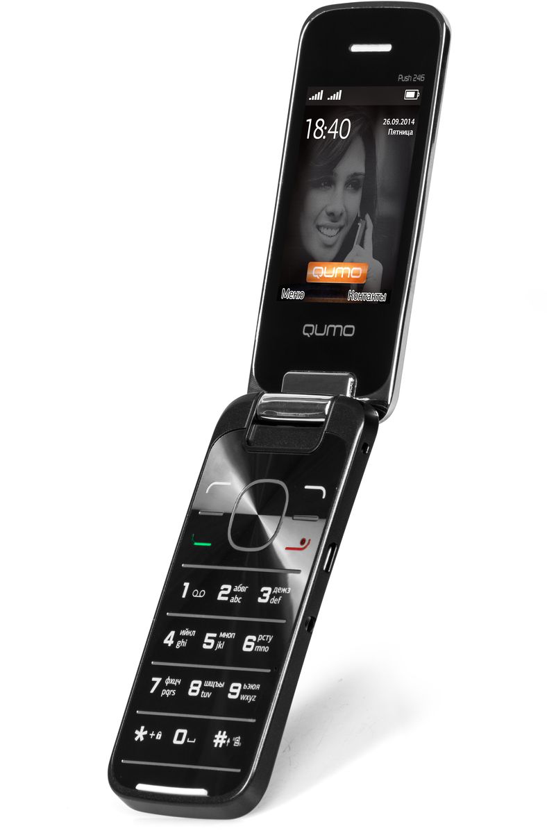 Qumo Push 246 Clamshell, Black20307 Qumo Push 246 Clamshell, Black20307Удобный, легкий и доступный каждому сотовый телефон QUMO Push 246 Clamshell порадует вас своими возможностями и невысокой стоимостью. Телефон поддерживает одновременную работу двух SIM-карт, передачу файлов по Bluetooth, позволит слушать FM-радио, а также проигрывает MP3 и MP4 файлы.Наличие встроенного музыкального плеера оценят любители музыки, тем более что новый телефон позволяет взять с собой солидную медиатеку: гаджет оборудован слотом для карт памяти microSD.Также пользователи оценят яркий цветной экран, встроенную камеру и фонарик.Новый QUMO 246 Clamshell оборудован полным набором приложений для ежедневного использования: органайзером, диктофоном, будильником, калькулятором.Встроенная Li-Pol батарея повышенной емкости - 850 мАч - позволит оставаться на связи до 2 недель.Телефон сертифицирован EAC и имеет русифицированную клавиатуру, меню и Руководство пользователя.