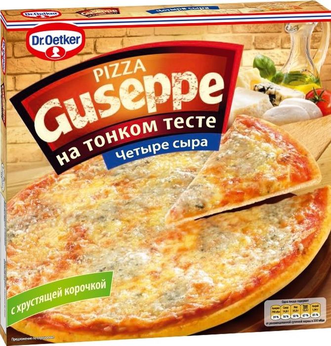 Dr.Oetker Пицца Guseppe 4 Сыра, тонкое тесто 305 г902141 Dr.Oetker Пицца Guseppe 4 Сыра, тонкое тесто 305 г902141Пицца DR.OETKER GUSEPPE Четыре сыра – блюдо для настоящих гурманов, ведь для ее приготовления используют такие сыры, как Моцарелла, сыр с благородной плесенью, Эдам и Гауда. Без ГМО.