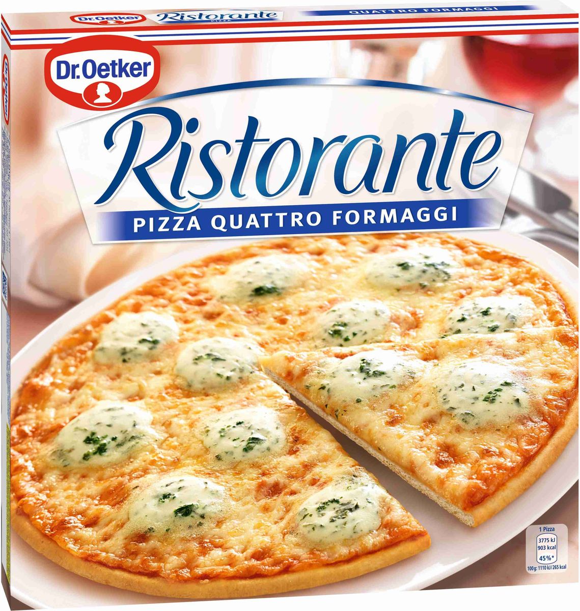 Dr.Oetker Пицца Ristorante 4 Сыра, 340 г22160 Dr.Oetker Пицца Ristorante 4 Сыра, 340 г22160Пицца Ristorante - вкусно, как в настоящей итальянской пиццерии! Пицца Ristorante - изысканная итальянская пицца на тонком хрустящем тесте с богатой начинкой.Обильно покрыта сырами моцарелла, горгонзола, эдамским и эмментальскимна хрустящем тонком корже. Способ приготовления: предварительно разогреть духовку, снять пленку,выпекать замороженную пиццу 12-14 минут.