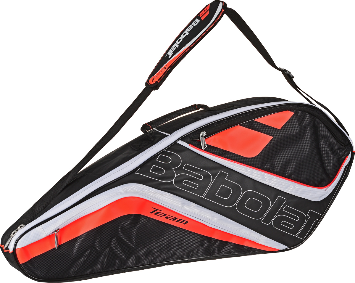 Чехол для теннисных ракеток Babolat Team Line, на 3 ракетки, цвет: черный, оранжевый. белый751154 Чехол для теннисных ракеток Babolat Team Line, на 3 ракетки, цвет: черный, оранжевый. белый751154Чехол Babolat Team Line выполнен из плотного износоустойчивого материала. Изделие имеет одно основное отделение для 3 теннисных ракеток, которое застегивается на молнию. По бокам расположены 4 кармана на молнии для хранения аксессуаров. Для переноски предусмотрен плечевой регулируемый ремень с мягкой накладкой и одна короткая ручка. Чехол имеет стильный яркий дизайн и отличается функциональностью.