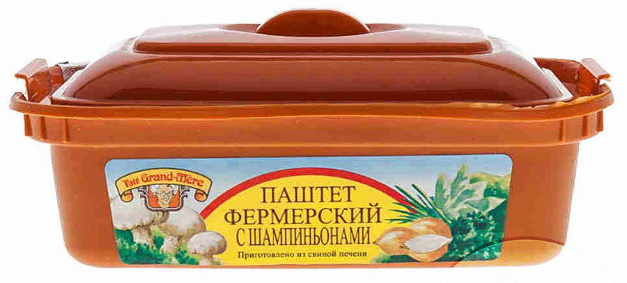Pate Gran-Mere Паштет фермерский с шампиньонами, 150 г7128 Pate Gran-Mere Паштет фермерский с шампиньонами, 150 г7128Паштеты мясные, т.е. в рецептуре доля мясных ингредиентов 60-80 %,в состав которых входят такие специи, как имбирь, мускатный орех, шалфей, корица, куркума, мандарин и др. Grand mere – это торговая марка бельгийского завода Polka N. V., котораяизвестна на российском рынке с 1993 г. как Бабушкин паштет. С 2005 г. паштетвыпускается в России. Для производства паштета Гран-Мэр используется отборное сырье, самоевысокотехнологичное оборудование, отвечающее всем требованиям европейской пищевойиндустрии, проводится строгий лабораторный контроль на всех стадиях производства.Уважаемые клиенты! Обращаем ваше внимание на то, что упаковка может иметь несколько видов дизайна. Поставка осуществляется в зависимости от наличия на складе.