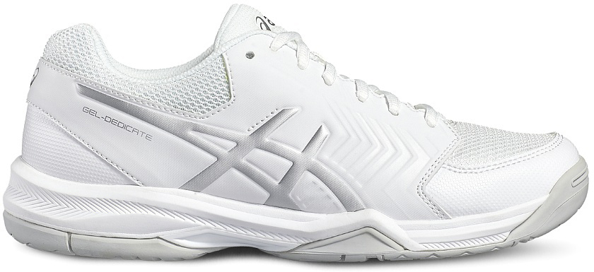 Кроссовки женские Asics Gel-Dedicate 5, цвет: белый, серебристый. E757Y-0193. Размер 8 (38)E757Y-0193 Кроссовки женские Asics Gel-Dedicate 5, цвет: белый, серебристый. E757Y-0193. Размер 8 (38)E757Y-0193Усиленная структура со всех сторон стопы делает женские кроссовки Asics Gel-Dedicate 5 идеальными для тенниса вне зависимости от того, являетесь ли вы новичком или играете достаточно регулярно. Эти теннисные кроссовки с технологией Asics дарят комфорт и обеспечивают стабильность от первой подачи до матч-пойнта. Подрезай, обходи, иди на рывок – весь корт твой. С системой амортизации в задней части ступни Asics Forefoot GEL Cushioning System, однородной резиновой поверхностью подошвы и гибким верхом эти теннисные кроссовки снижают отдачу при резких движениях и обеспечивают максимальный комфорт и точную посадку по ноге. Кроссовки Asics Gel-Dedicate 5 - идеальный выбор для игроков в теннис.