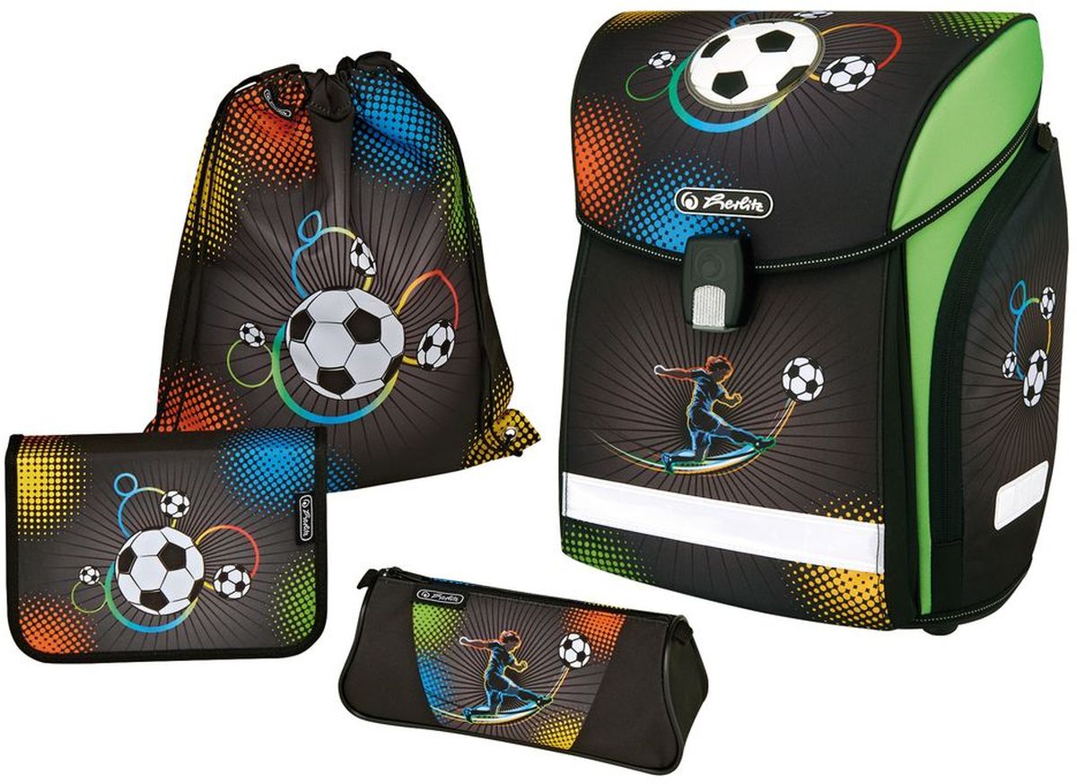 Herlitz Ранец школьный New Plus Soccer с наполнением 3 предмета50007790 Herlitz Ранец школьный New Plus Soccer с наполнением 3 предмета50007790Школьный ранец Herlitz New Midi Plus Soccer выполнен из материала с водоотталкивающей пропиткой. Ранец имеет эргономичную вентилируемую спинку и уплотненные регулируемые лямки из вентилируемого материала.Ранец содержит одно вместительное внутреннее отделение, которое закрывается на новый магнитный замок Fidloc. По бокам ранца находятся два просторных боковых кармана на молниях. Под клапаном на лицевой стороне находится вместительный карман. Дно выполнено из жесткого пластика, что позволит защитить содержимое ранца от влаги и грязи.Светоотражатели сделают вашего ребенка видимым на дороге в темное время суток.В комплект к ранцу входят пенал с наполнением (16 предметов), пенал-косметичка, мешок для сменной обуви.