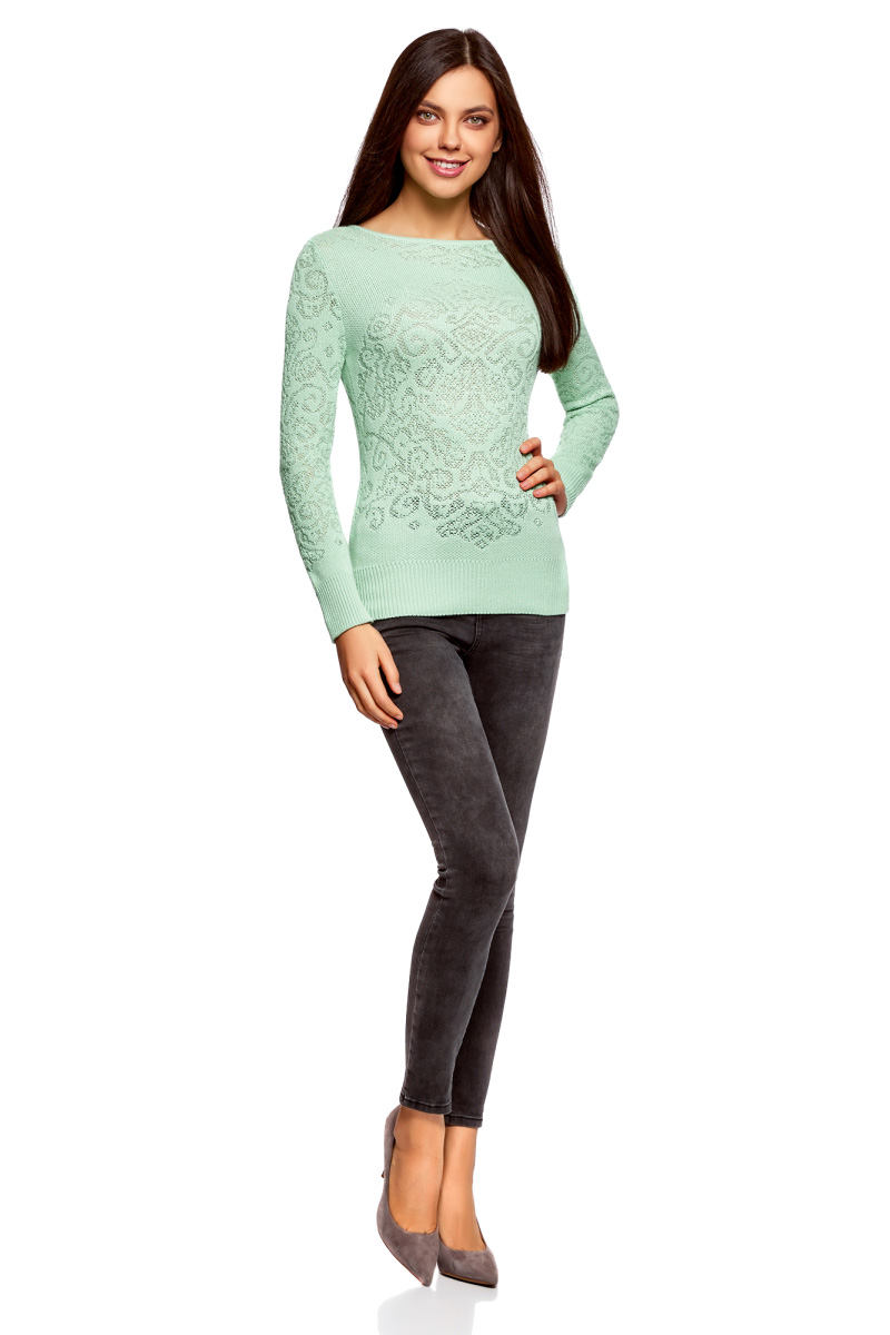 Джемпер женский oodji Ultra, цвет: ментол. 63807315/47013/6500N. Размер XXL (52)63807315/47013/6500N Джемпер женский oodji Ultra, цвет: ментол. 63807315/47013/6500N. Размер XXL (52)63807315/47013/6500NВязаный женский джемпер от oodji выполнен из пряжи сложного состава с люрексом. Модель ажурной вязки с длинными рукавами и вырезом горловины лодочка.