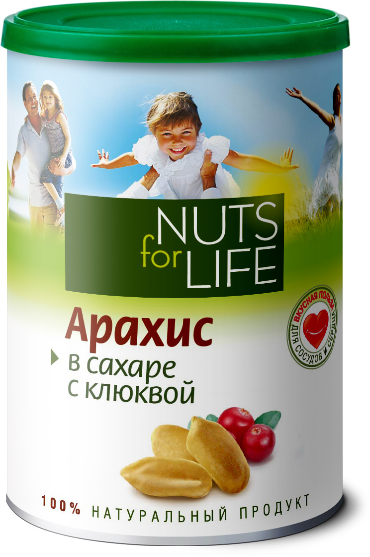 Nuts for Life Арахис обжареннный в сахаре с клюквой, 200 гU920845 Nuts for Life Арахис обжареннный в сахаре с клюквой, 200 гU920845Арахис очень богат антиоксидантами - веществами, защищающими клетки организма от воздействий опасных свободных радикалов, а натуральный клюквенный сок оказывает действенную помощь в целях борьбы с холестериновыми бляшками, оседающими на стенках кровеносных сосудов и ведущими к их закупорке.