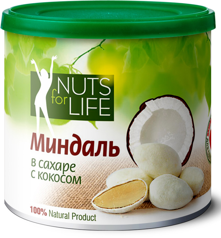 Nuts for Life Миндаль обжаренный в сахаре с кокосом, 115 гU921125 Nuts for Life Миндаль обжаренный в сахаре с кокосом, 115 гU921125Миндаль — королевский орех! Незабываемый изысканный вкус и аромат поразит любого гурмана своей уникальностью, а исключительно натуральные ингредиенты делают его очень полезным перекусом для здоровья!