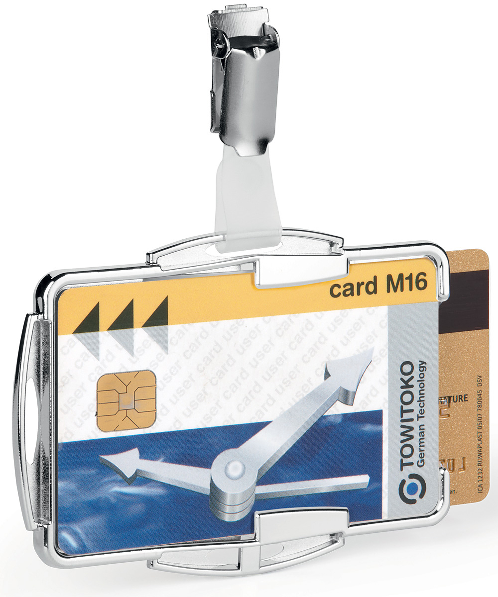 Durable Держатель для пластиковых карт/пропусков Rfid Secure8902-23 Durable Держатель для пластиковых карт/пропусков Rfid Secure8902-23Держатель на две карточки. Оснащен системой защиты от несанкционированного считывания персональных данных. •держатель RFID ID для 2 пластиковых карточек•обеспечивает защиту данных на частоте 13,56 МГц•может использоваться как в вертикальном, так и в горизонтальном формате•с поворотным клипом•совместим с цепочкой, текстильными шнурками и рулетками•размер карточки: 54 x 87 мм