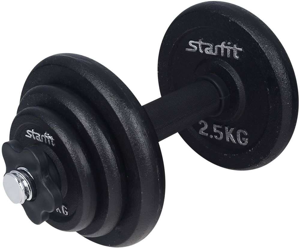 Гантель чугунная Starfit DB-703, разборная, 9 кгУТ-00011248 Гантель чугунная Starfit DB-703, разборная, 9 кгУТ-00011248Гантель разборная чугунная DB-703, разборная, состоит из стального грифа с пластиковым хватом и чугунных дисков разного веса. Нескользящая поверхность грифа на месте хвата повышает безопасность тренировок. Широкий шаг резьбы позволяет за считанные секунды поменять вес. Гриф комплектуется пластиковыми замками, которые надежно фиксируют диски на грифе. Упакована в коробку из качественного гофрокартона с оригинальной вырубкой для удобной переноски гантели.Гантель предназначена для занятий фитнесом и тяжелой атлетикой. Многофункциональность использования делает разборную гантель одним из самых удобных снарядов для дома или зала - вес гантели можно менять согласно требуемой нагрузке.Основные характеристики:Вес, кг: 9.Конструкция: разборная.Материал: чугун, сталь, пластик.Дополнительные характеристики:Материал грифа: сталь.Материал хвата: пластик.Общая длина грифа, см: 30.Диаметр грифа, см: 2,5.Длина хвата, см: 11,5.Диаметр хвата, см: 3,1.Длина посадочного места с каждой стороны, см: 8,3.Материал фиксирующего кольца: пластик.Диаметр посадочного отверстия фиксирующего замка, см: 2,6.Ширина фиксирующего замка, см: 1,7.Максимальная нагрузка на гриф, кг: 50.Вес грифа без упаковки, кг: 1.Вес диска, кг: 0,5.Количество дисков на грифе, шт: 2.Диаметр диска, см: 9,6.Ширина диска, см: 1,5.Вес диска, кг: 1.Количество дисков на грифе, шт: 2.Диаметр диска, см: 12,2.Ширина диска, см: 1,7.Вес диска, кг: 2,5.Количество дисков на грифе, шт: 2.Диаметр диска, см: 16.Ширина диска, см: 2,5.Тип упаковки: картонная коробка.Размер коробки, см: 32,5 х 17 х 17.Количество в упаковке, шт: 1.Вес брутто: 9 кг.