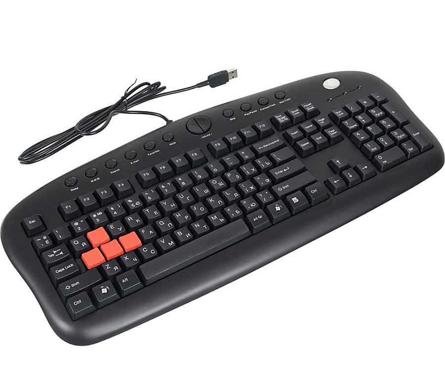 A4Tech KB-28G-1, Black клавиатура517935 A4Tech KB-28G-1, Black клавиатура517935Проводная клавиатура A4Tech KB-28G-1 создана специально для игр. Главная особенность модели - 4 цветных прорезиненных клавиши (A, S, W, D), соответствующие игровым командам вверх, вниз, влево, вправо. Клавиши имеют специальный дизайн, они помогут вам более точно и комфортно действовать в любой игре. С помощью небольшого пинцета, входящего в комплектацию модели, цветные клавиши можно быстро и легко заменить на обычные.Другие особенности игровой клавиатуры: стандартная раскладка клавиш и классический дизайн модели для большей устойчивости клавиатуры в процессе игры. Проводная клавиатура имеет также 12 горячих клавиш для быстрого доступа к мультимедиа и Интернет-приложениям.Особенности:4 цветных игровых клавиши Стандартная раскладка клавиш 12 горячих клавиш для быстрого доступа к приложениям Классический дизайн клавиатуры